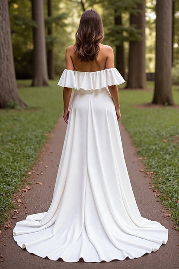Simple White A Line Sweep Train Wedding Dress with Ruffles
